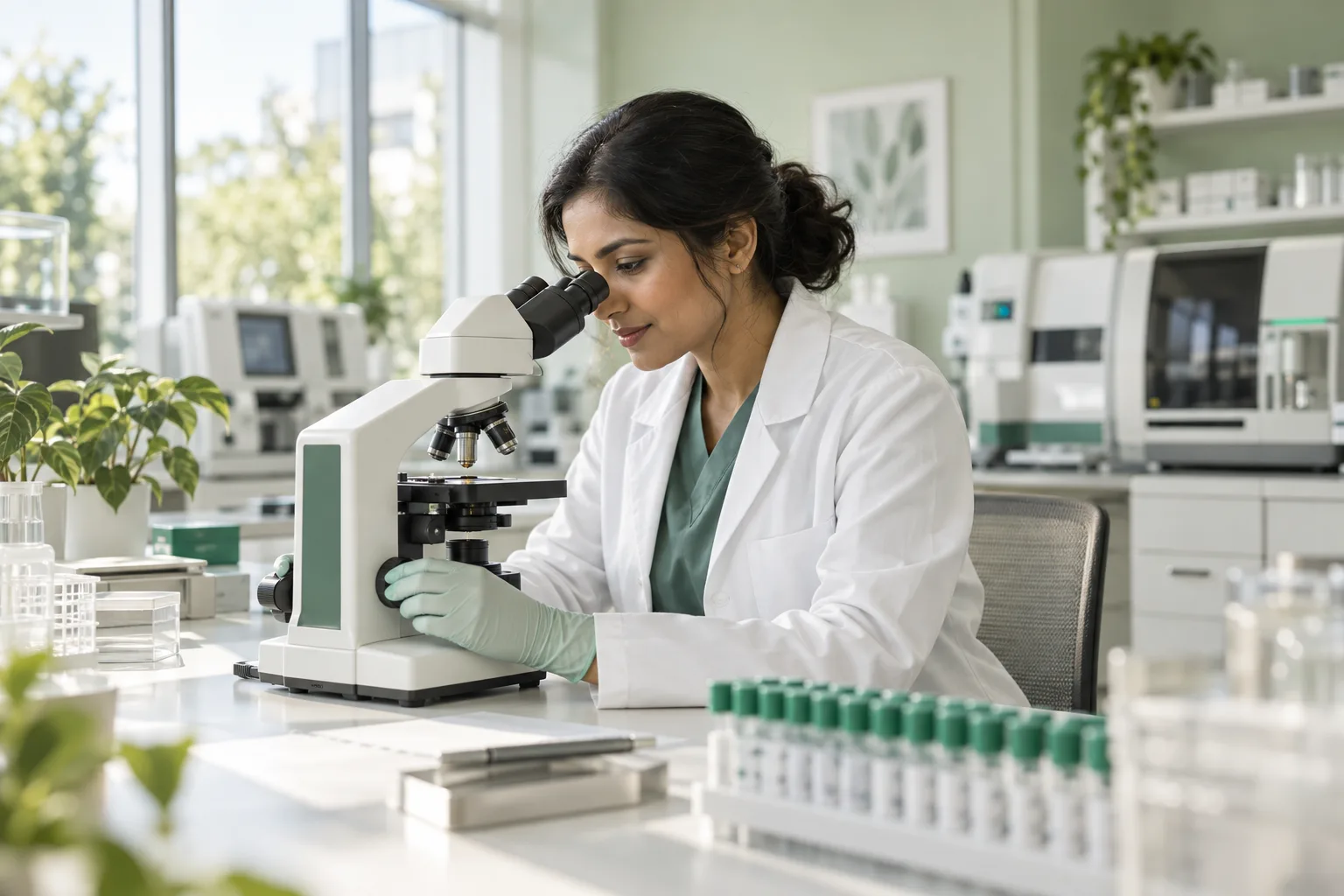 Laboratory professional examining a sample through a microscope in a naturally lit laboratory